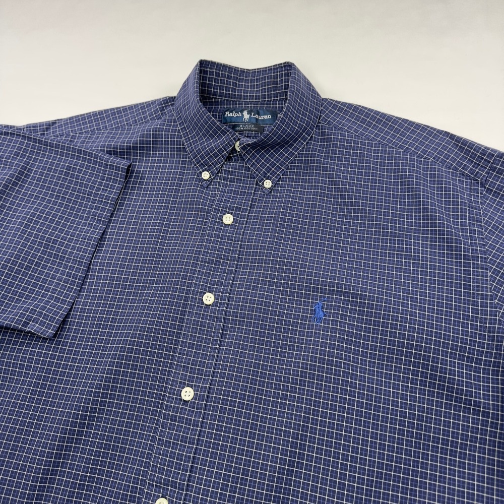 VTG Ralph Lauren Shirt Men's Medium Blue Plaid Blake Short Sleeve Button Down